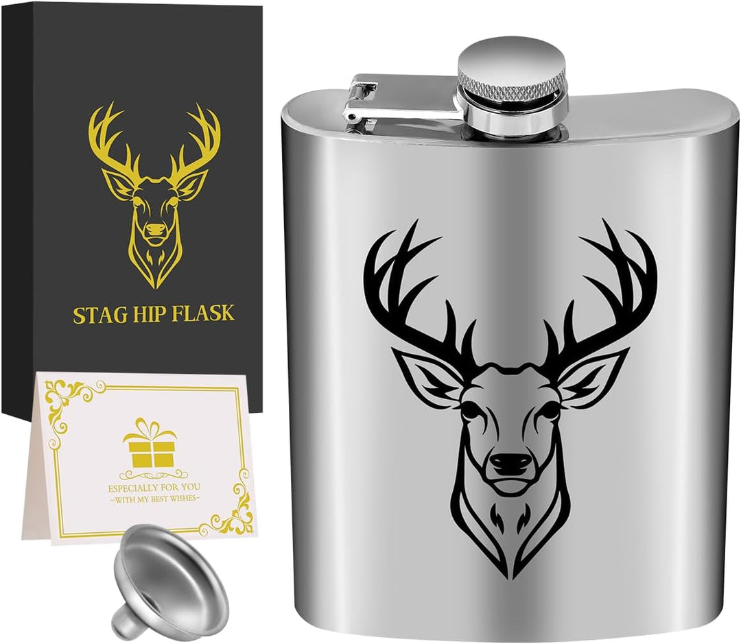 8oz/237ml Edelstahl Flachmann, Taschenflasche, mit Trichter und Grusskarte, Geschenkbox, Schwarz Hir