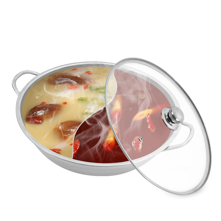 Hot Pot, Stainless Steel, 28/34cm,Twin Divided Hotpot, With Glass Lid Divider Mit Handgriff, Edelsta