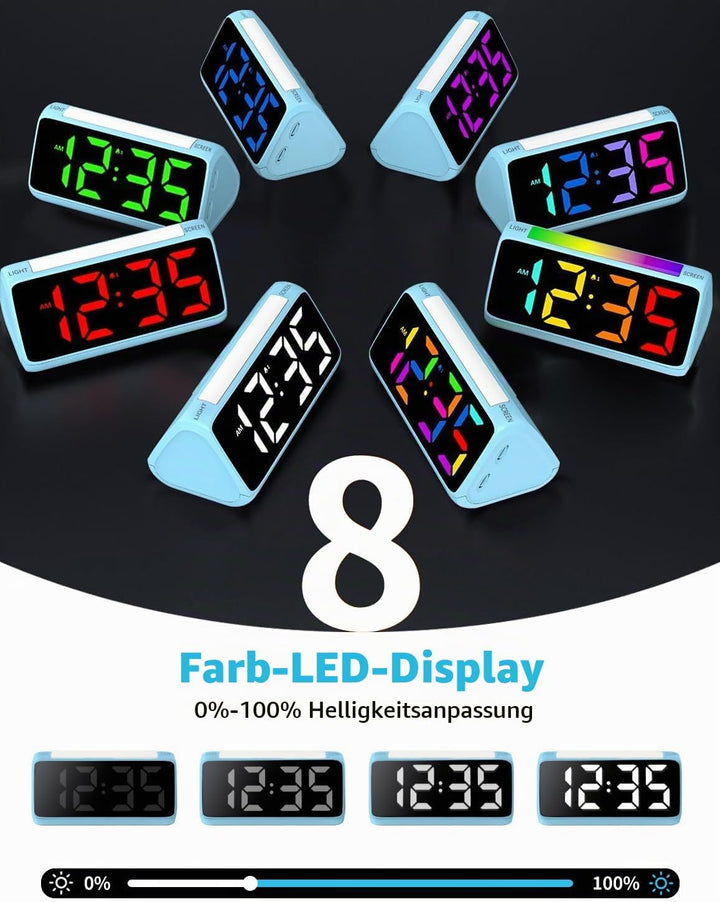 Wecker Digital, Digitaler Wecker Kinder mit Licht, Bunter LED Anzeige, 0-100% Helligkeitsdimmer, 2 A