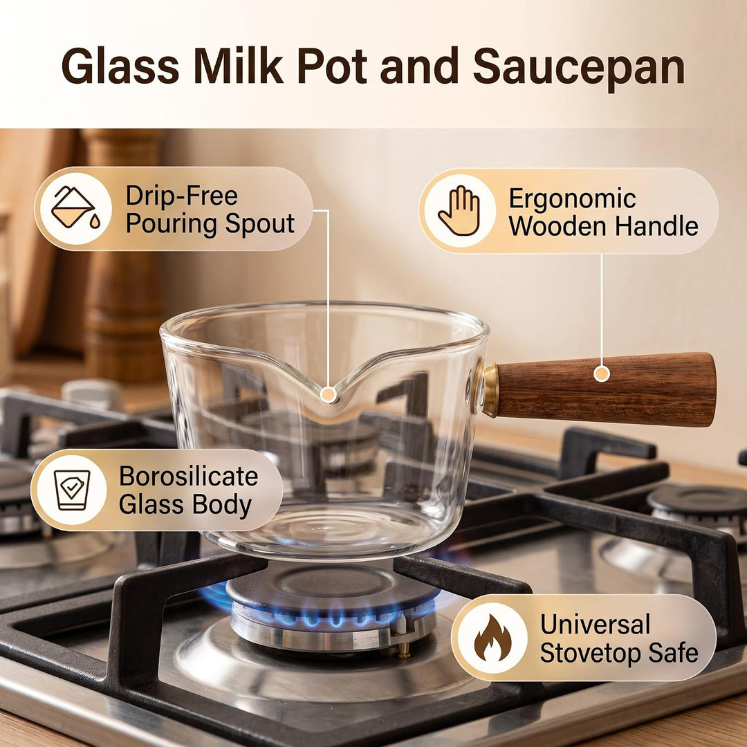 Stielkasserolle, Glas Milchtopf mit Holzgriff Kochtopf Stieltopf Nudeltopf mit V-förmige Tülle Sauce