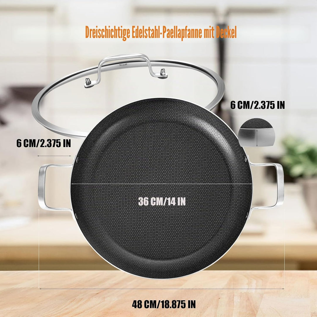 Inqibee dreischichtige Edelstahl-Paellapfanne 36 cm mit Deckel – Antihaft | Pfanne mit Wabenstruktur