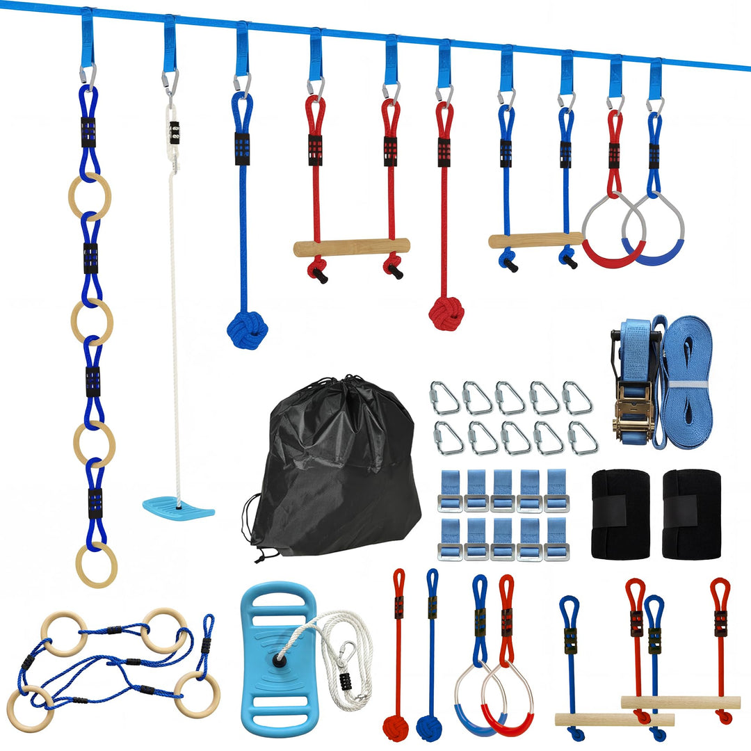 AIYAPLAY Ninja Line Kinder 10m 9-teilig Slackline Set mit 2 Turnringe, 3-in-1 Schaukel, 2 Klettersta