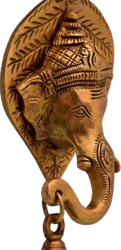 Purpledip Messing Antik-Finish Ganesha-Kopf mit Glocke Wandbehang (10768)