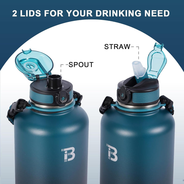 TOPBADE Edelstahl Trinkflasche 1,9 Liter, Isolierte Wasserflasche mit 2 Deckel (Strohhalm & no Stroh