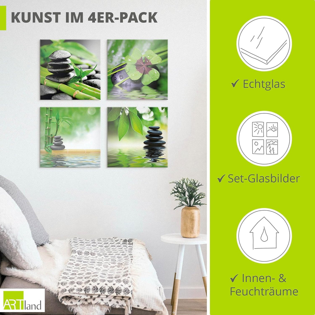 ARTland Glasbilder Wandbild Glas Bild Set 4 teilig je 30x30 cm Quadratisch Asien Wellness Zen Steine