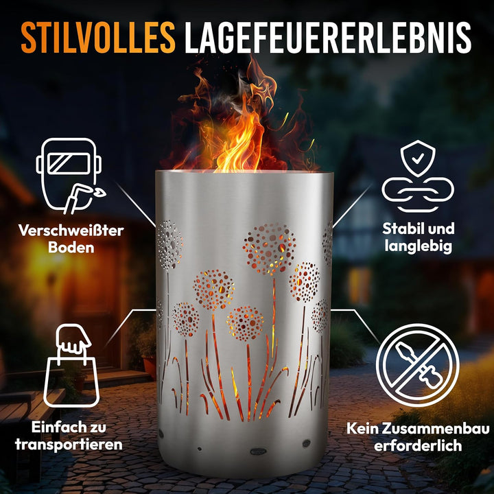 TiKo-Design Feuertonne Feuerkorb mit Motiv – Lagerfeuertonne mit Pusteblumen Motiv – Perfekt für gem