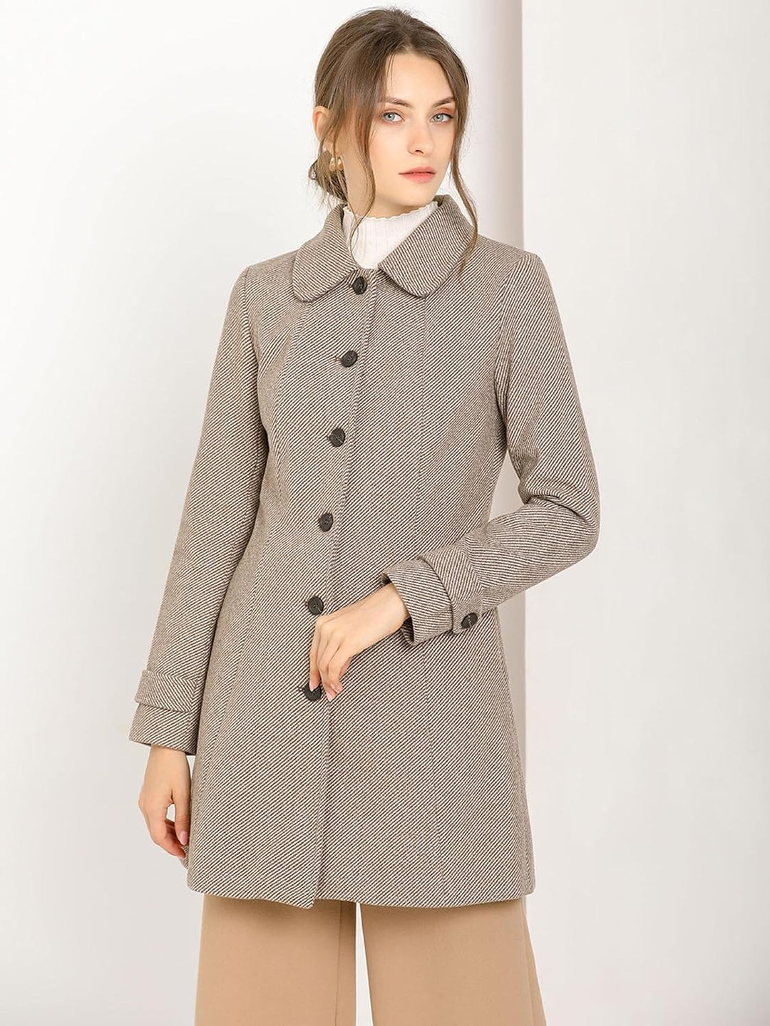 Allegra K Damen Langarm Bubikragen Einreiher Streifen Trenchcoat Mantel S Braun, S Braun