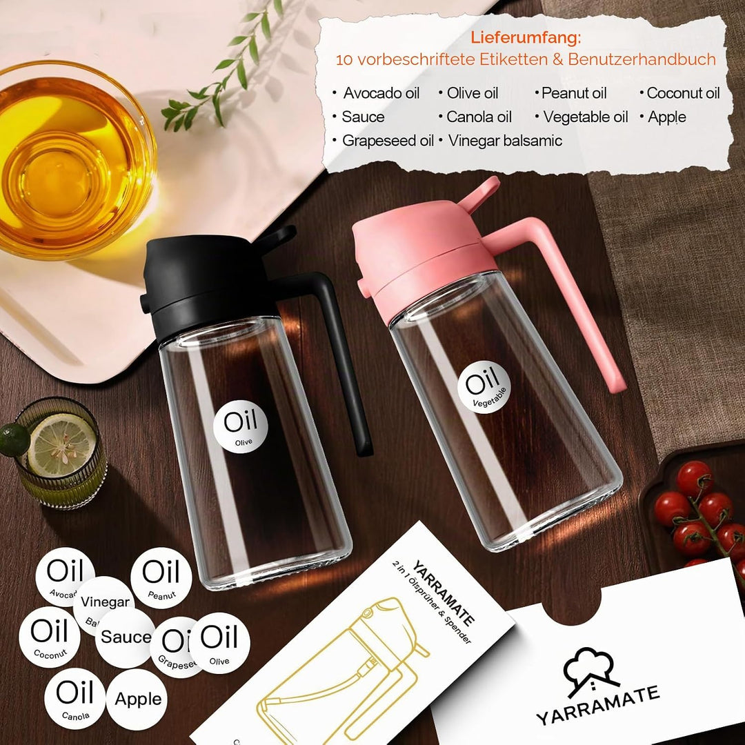 YARRAMATE 2 Stück 2 in 1 Ölsprüher für speiseöl, 470ml Öl Sprühflasche lebensmittelecht, Ölspray zum