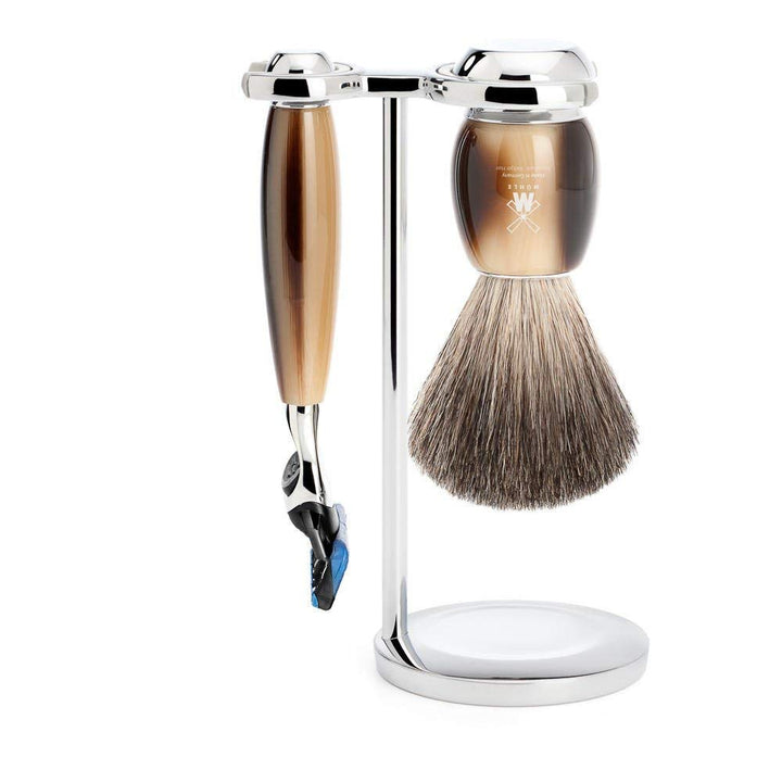 MÜHLE Rasierset - Vivo Serie - Reines Dachshaar - kompatibel mit Gillette-Klingen - Edelharz hornbra
