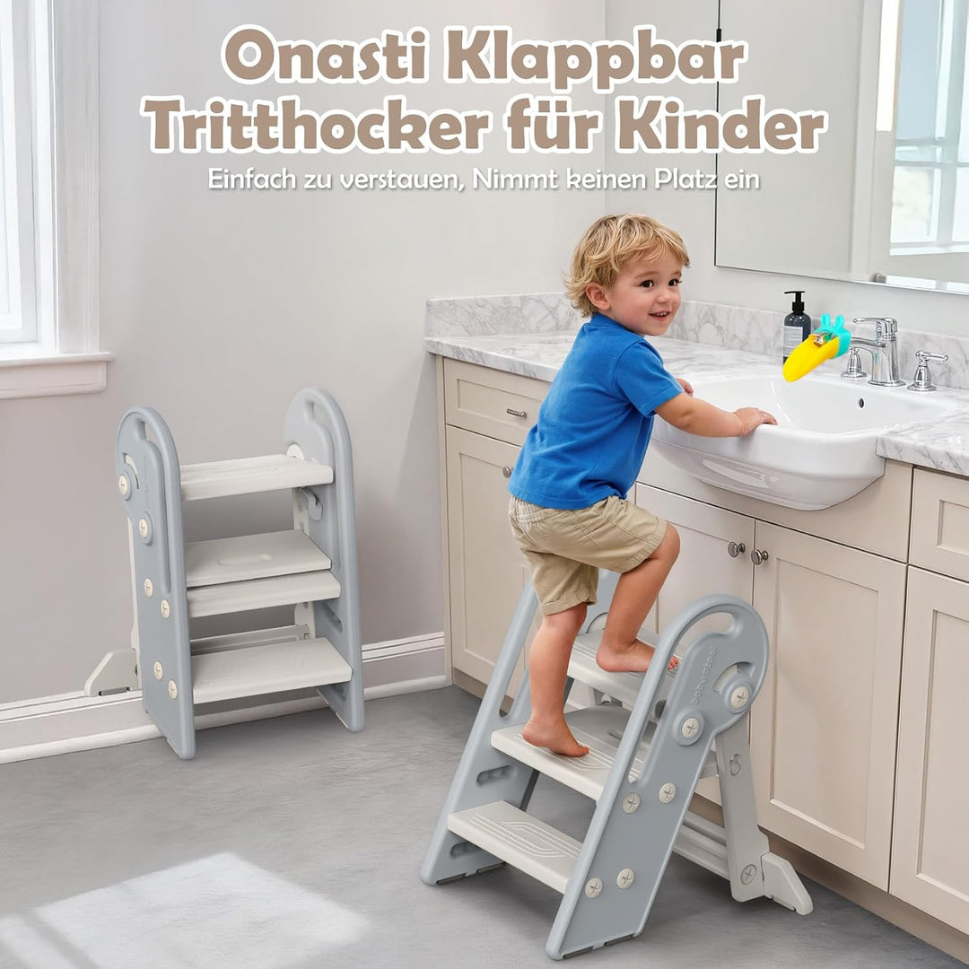 Onasti Tritthocker Kinder, Höhenverstellbar 3 Stufen Hocker Kinder, Trittschemel für Baby mit Handha