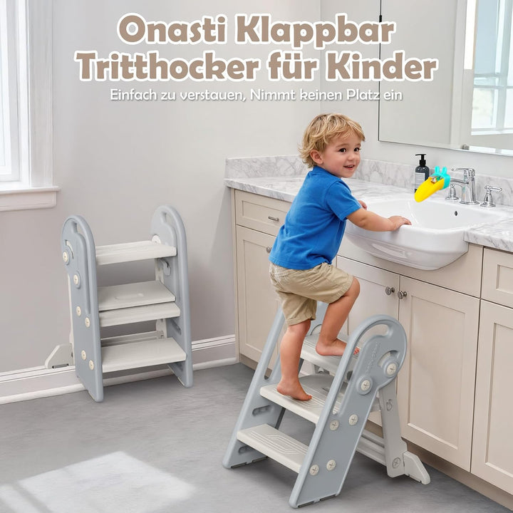 Onasti Tritthocker Kinder, Höhenverstellbar 3 Stufen Hocker Kinder, Trittschemel für Baby mit Handha