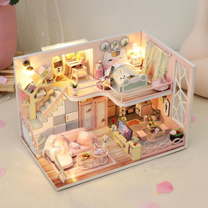 CUTEROOM DIY Miniatur Puppenhaus Kit, Modernes Holz Spielhaus mit Möbeln und Musik, Miniatur Haus, K