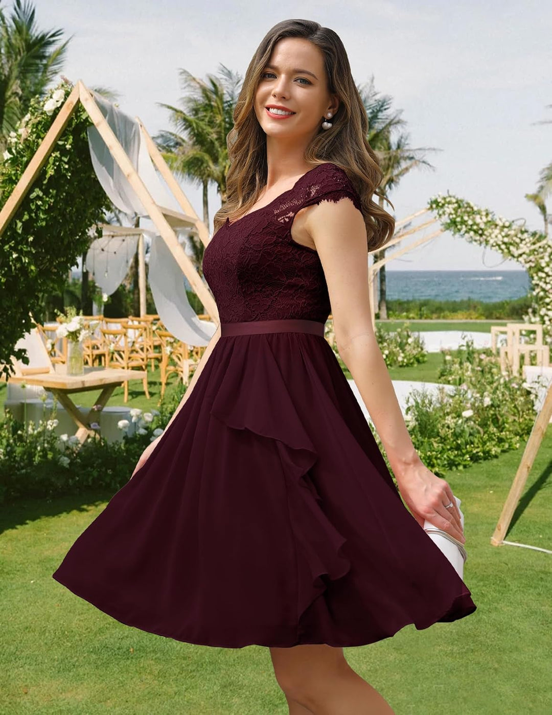 Wedtrend Cocktailkleid Damen Knielang Abendkleid Elegant für Hochzeit Elegant A Linie Rüschenkleid B