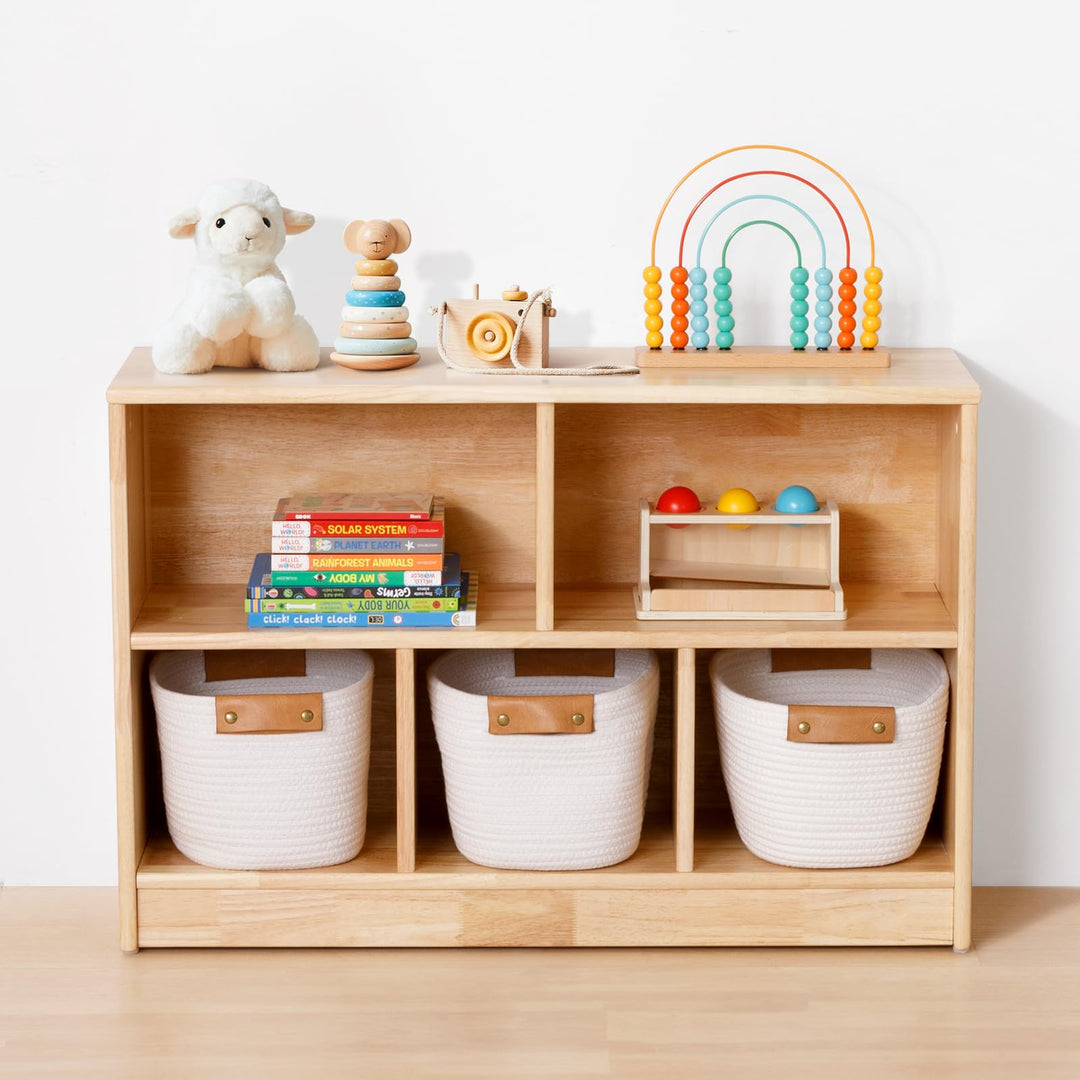 OOOK Gummiholz Kinderregal Spielzeugschrank, Spielzeugregal mit 2 grossen Fächern und 3 kleinen Fäch