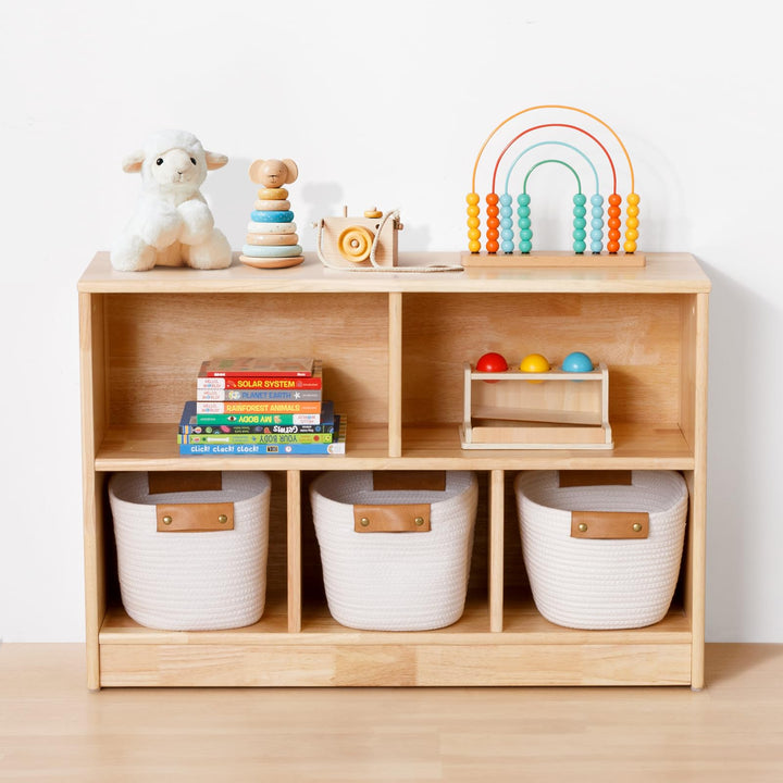 OOOK Gummiholz Kinderregal Spielzeugschrank, Spielzeugregal mit 2 grossen Fächern und 3 kleinen Fäch