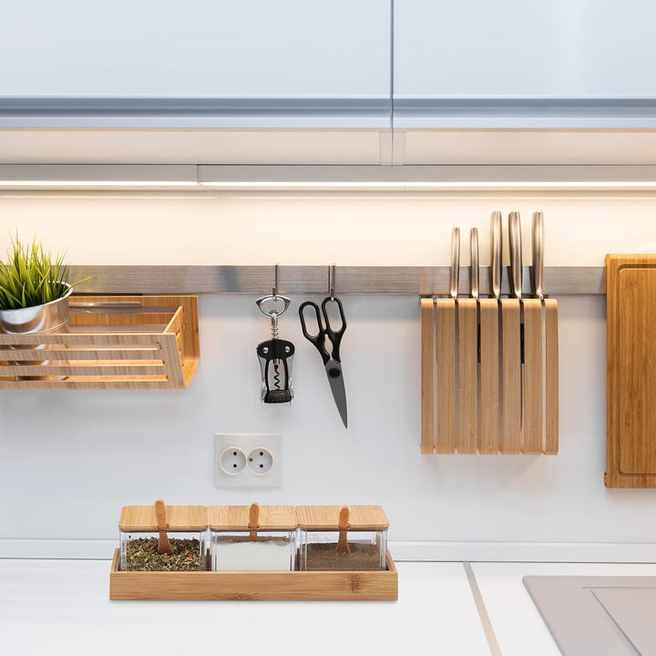 Relaxdays Gewürzbehälter 3er Set, Gewürzdosen mit Löffel & Deckel, Kunststoff, Bambus, Zuckerdosen,