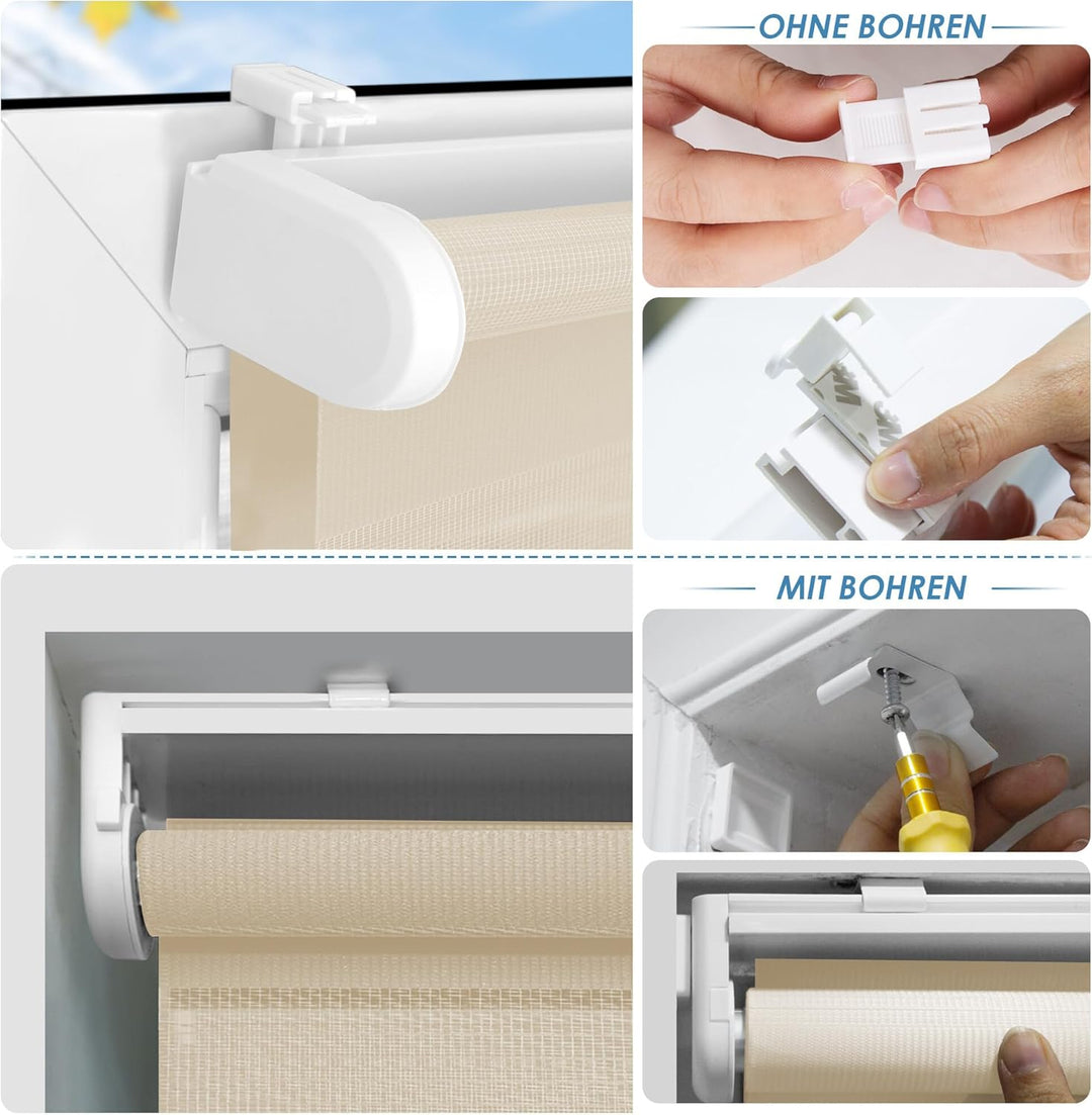 SBARTAR Doppelrollo schnurlos Klemmfix Rollos für Fenster ohne Bohren & zum Bohren, Natur 90x150cm (