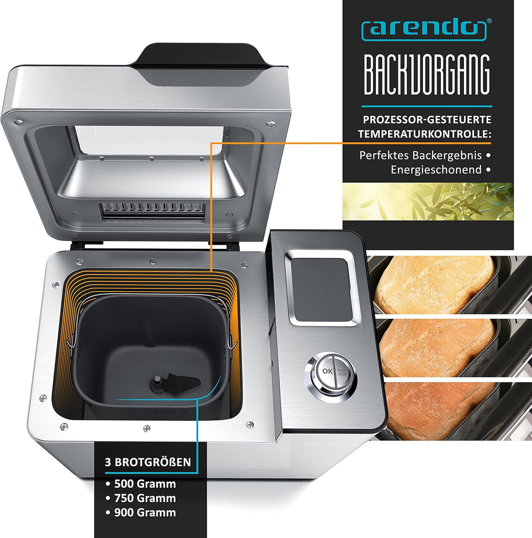 Arendo - Brotbackautomat inkl. automatisches Zutatenfach - Brotbackmaschine - 25 Programme - glutenf