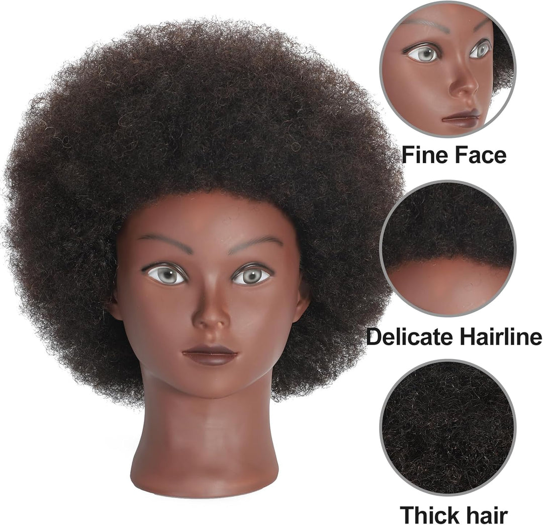 Afro Mannequinkopf mit 100% gelocktem Echthaar, Kosmetologie-Kopf für Friseure, Praxis, Styling, Fle