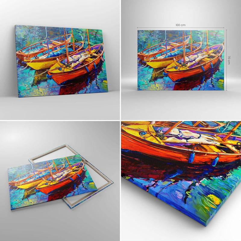 Bilder auf Leinwand 100x70cm Leinwandbild Boote Bunt Angeln Wasser Gross Wanddeko Bild Schlafzimmer