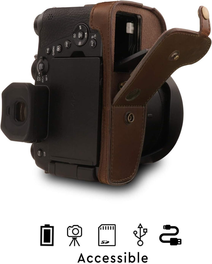 MegaGear MG1679 Ever Ready Leder Kameratasche mit Trageriemen kompatibel mit Leica V-Lux 5, Panasoni