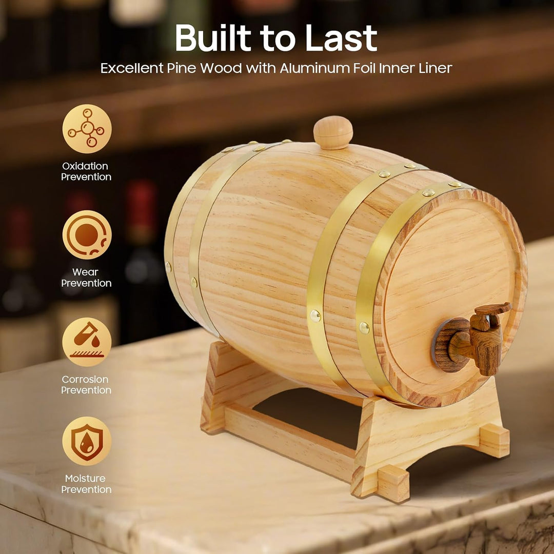 3L Weinfass Holzfass, Eichen-Fass mit Bock und Zapfhahn, Upgrade Kiefernweinfass für Whiskey, Wein,