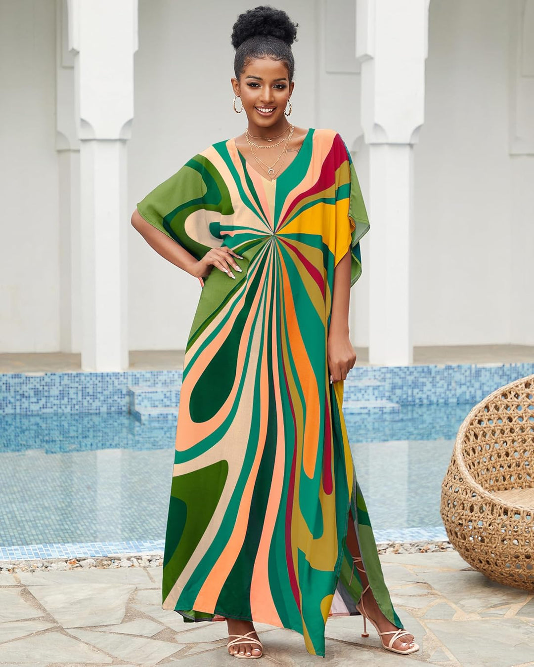 Bsubseach Damen Strandkleid Ethnic Print Kaftan Beach Maxi Kleider Grüne Geometrie, Grüne Geometrie