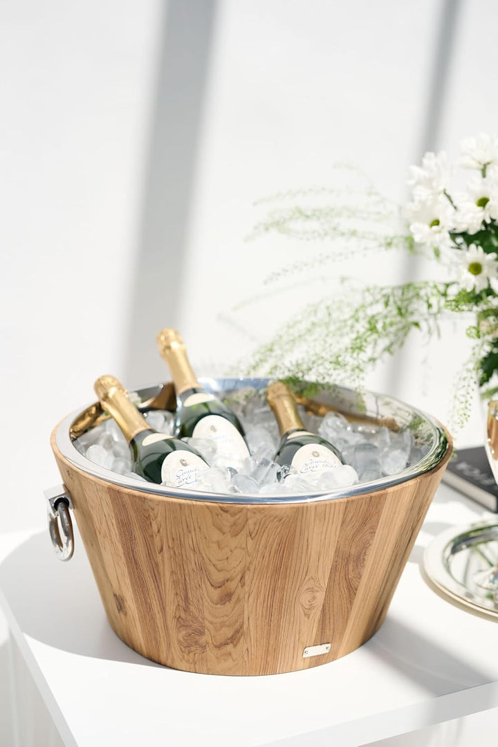 EDZARD Champagnerkühler Santiago (Ø 46 cm, Höhe 23 cm) Teakholz, Edelstahl hochglanzpoliert, mit Gri