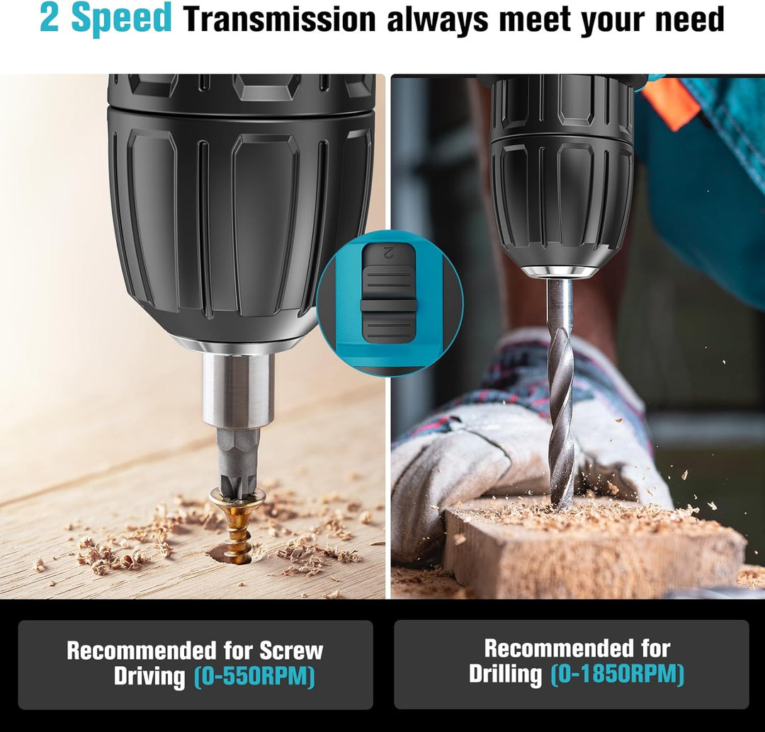 LEEIKOO Akkuschrauber 21V, Akku Bohrschrauber mit 2 Akkus 2.0Ah, 42N.m Akku Bohrmaschine, 25+3 Drehm