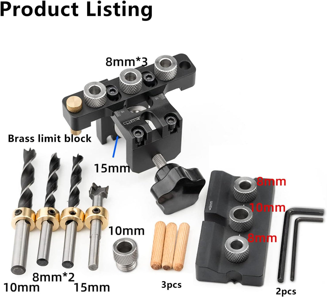 3-in-1 Holzbearbeitungs-Vorrichtungs-Set, 8/10/15 mm Stiftbefestigung, Stanzer, Lokalisierer, Dübel,