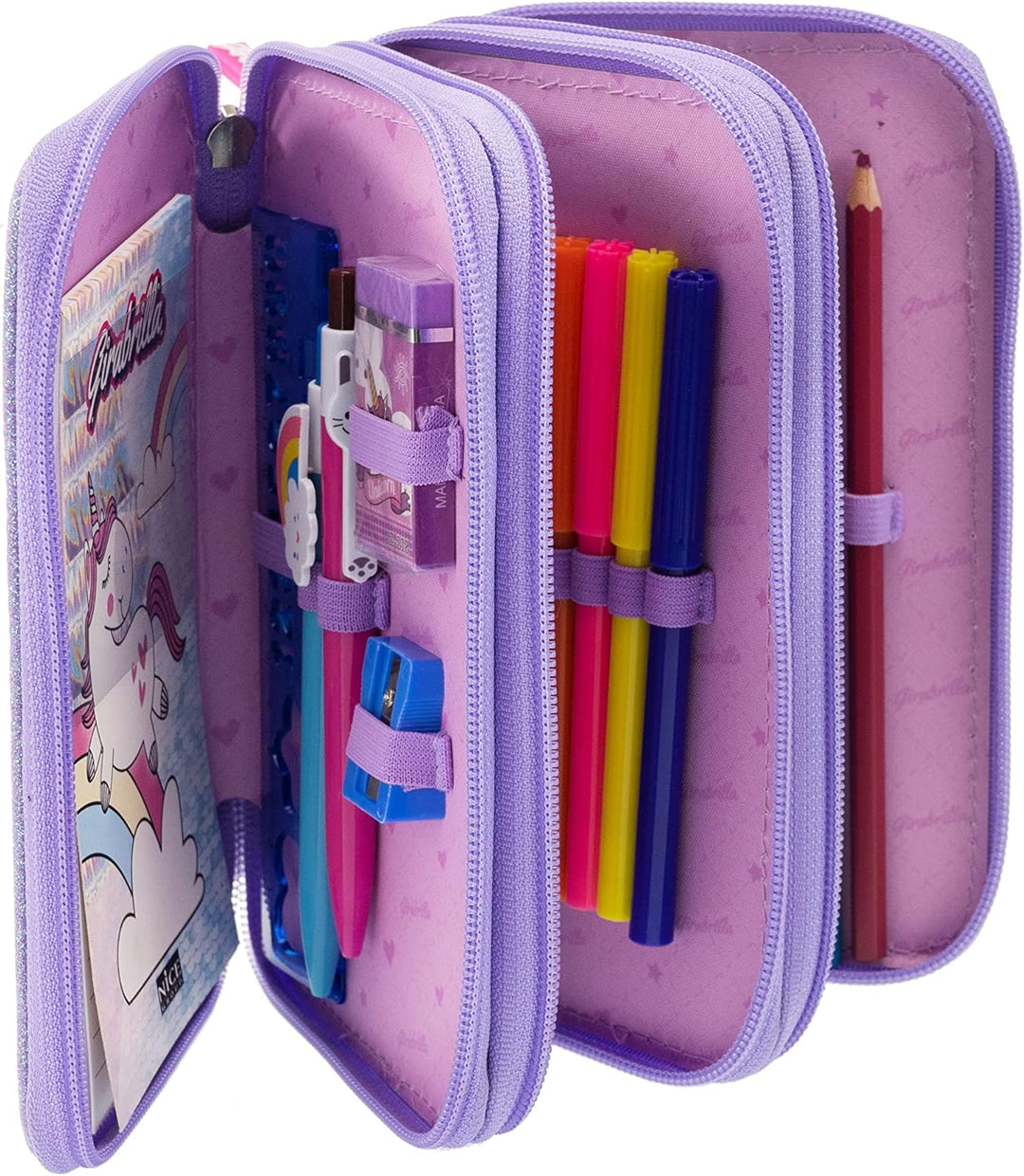 Girabrilla Nice Group Einhorn Federmäppchen mit 3 Fächern für Kinder, Daunenoptik, Violett Federmäpp