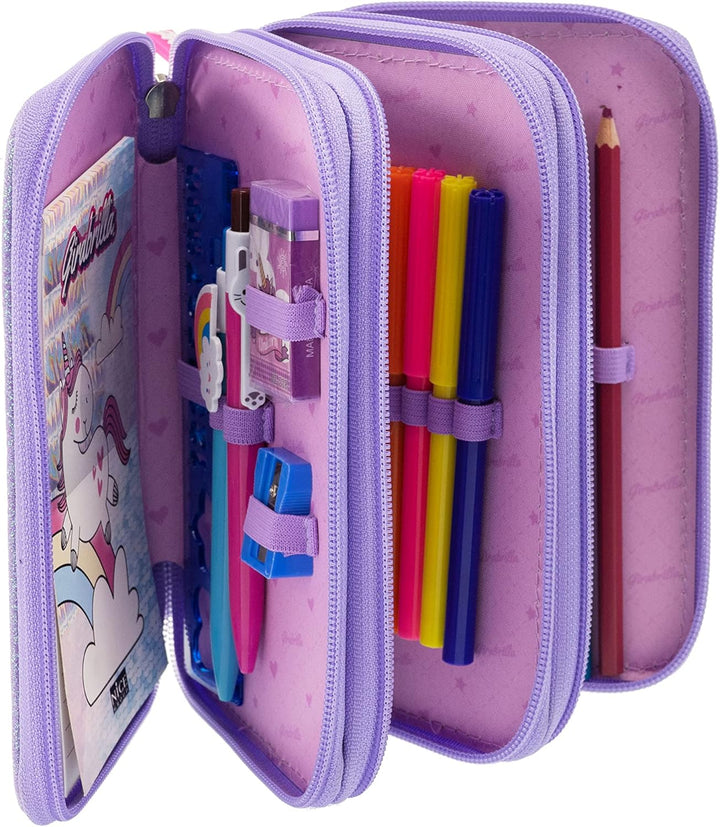 Girabrilla Nice Group Einhorn Federmäppchen mit 3 Fächern für Kinder, Daunenoptik, Violett Federmäpp