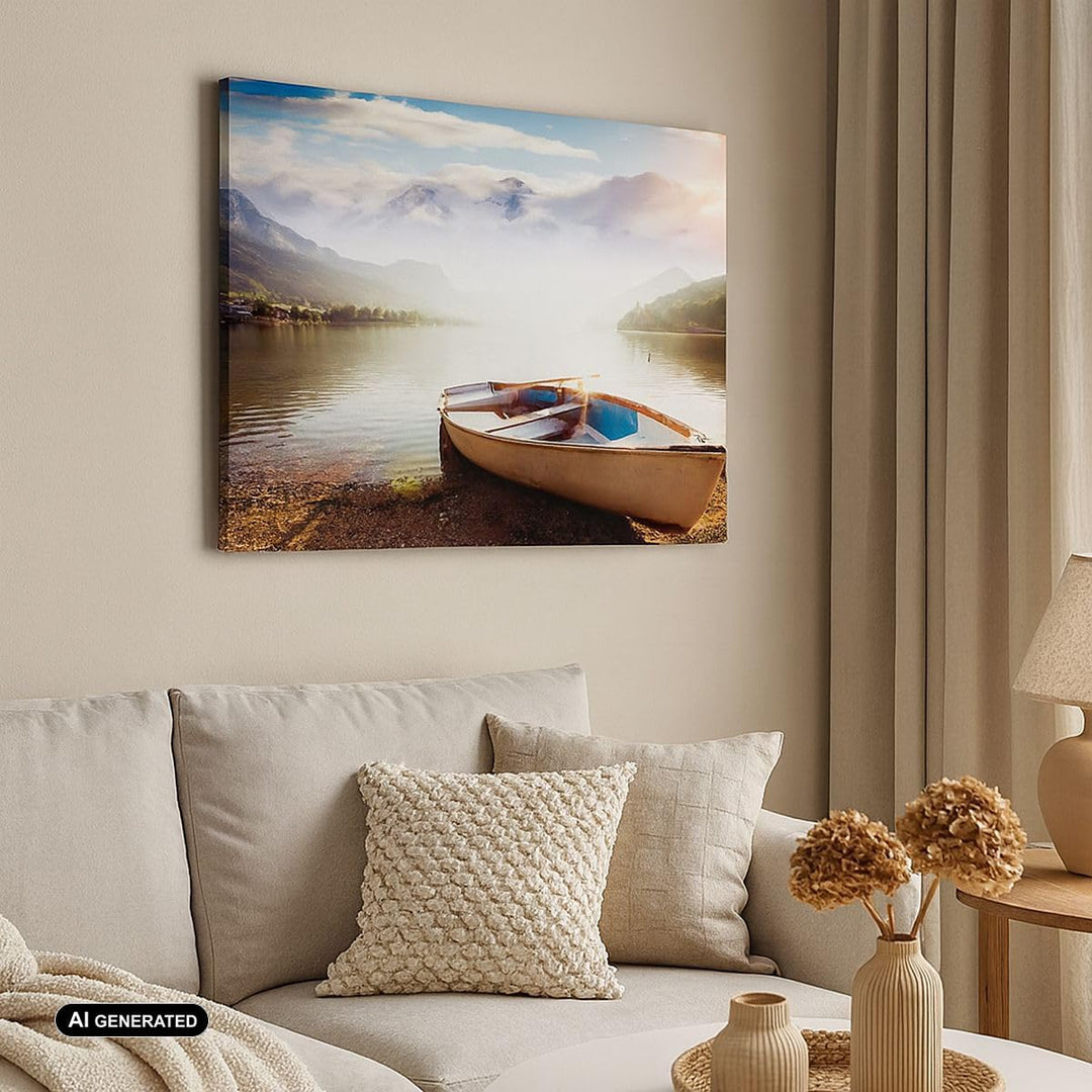 Bilder auf Leinwand Berge See Boot Leinwandbild mit Rahmen 70x50cm Wandbilder Dekoration Wohnzimmer