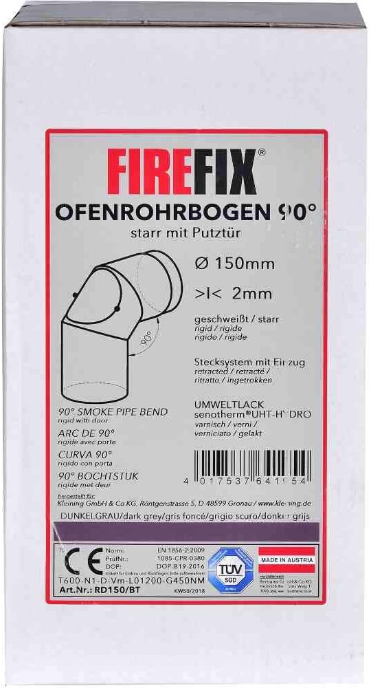 FIREFIX RD150/BT Ofenrohrbogen aus 2 mm starken Stahl (Rauchrohr) in 150 mm Durchmesser, für Kaminöf