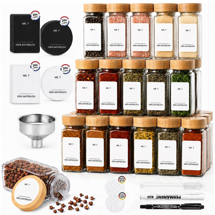 Umweltfreundlicher Bamboo-Deckel Gewürzgläser Eckig -Set,35Gewürzdosen Mit,Perfekte Organisation Küc