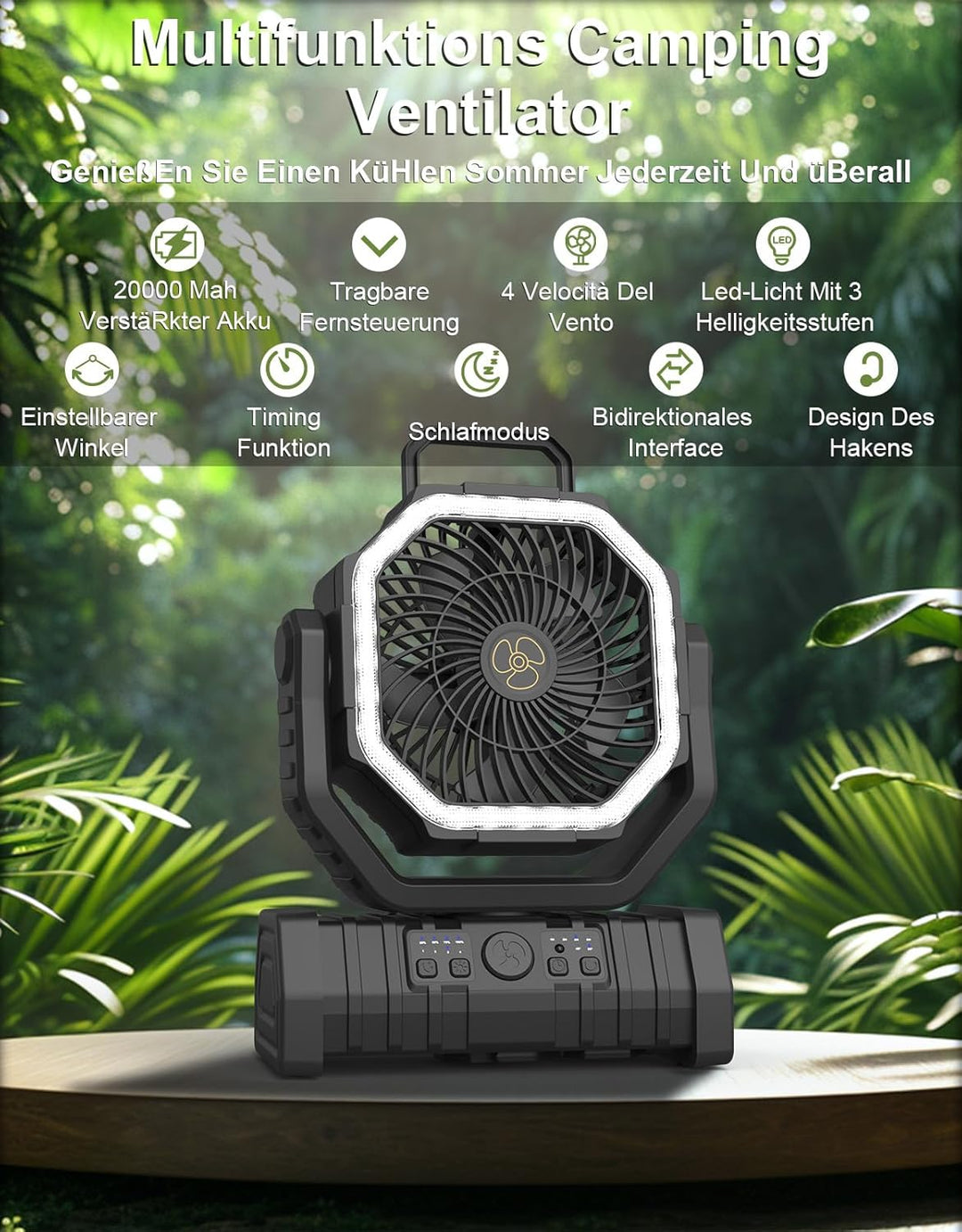 Richday Camping Ventilator 20000mAh Leise Ventilator 4 Geschwindigkeiten 270°Drehung Tischventilator
