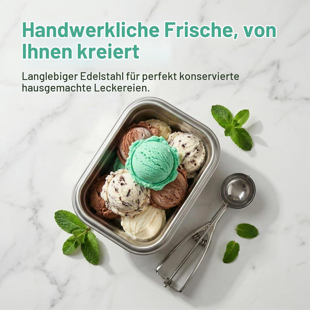 PRETYZOOM Eisbehälter für Speiseeis, 2 Stück 0.6L Edelstahl Eiscremebehälter mit Deckel, Luftdichter