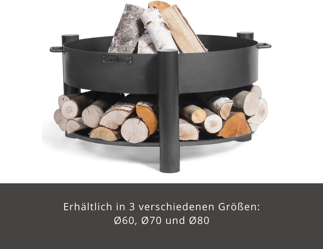CookKing Stahl Feuerschale Montana | Ø 88x45 cm, Schwarz, Inkl. Holzlager | Robust & Windgeschützt |