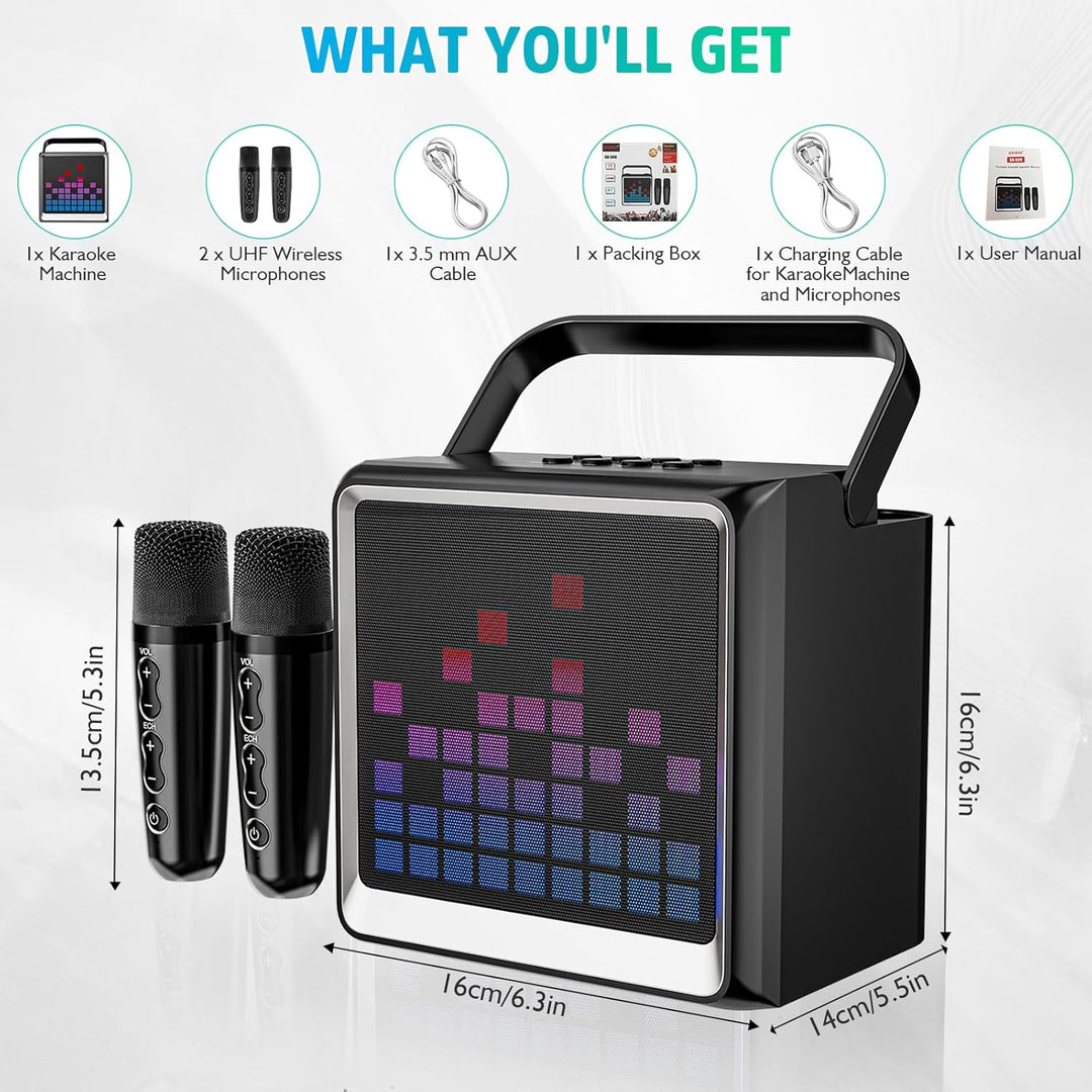 Karaoke-Maschine für Kinder und Erwachsene,tragbarer Bluetooth-Lautsprecher mit 2 drahtlosen Mikrofo