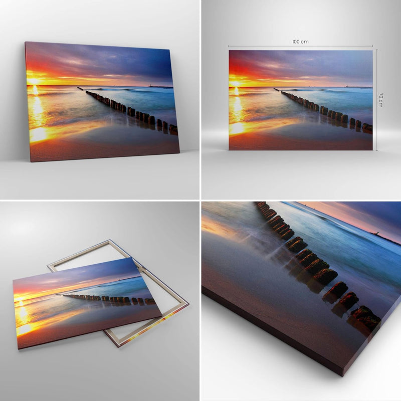 Bilder auf Leinwand 100x70cm Leinwandbild Meer Küste Strand Sonnenaufgang Gross Wanddeko Bild Schlaf