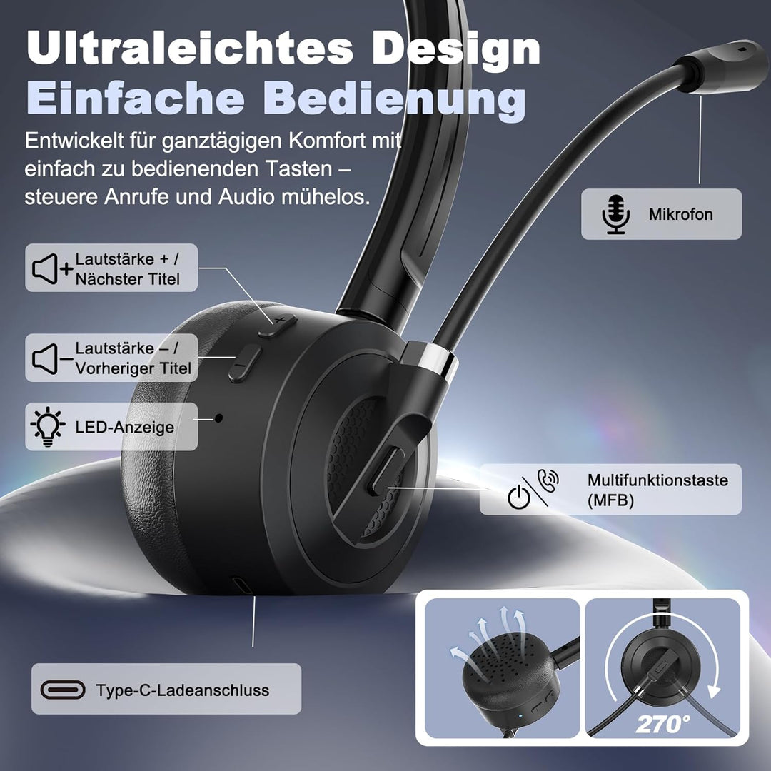 ShinePick Bluetooth Headset mit Mikrofon, BT 6.0 Technologie, Geräuschunterdrückung, Kabelloses Head