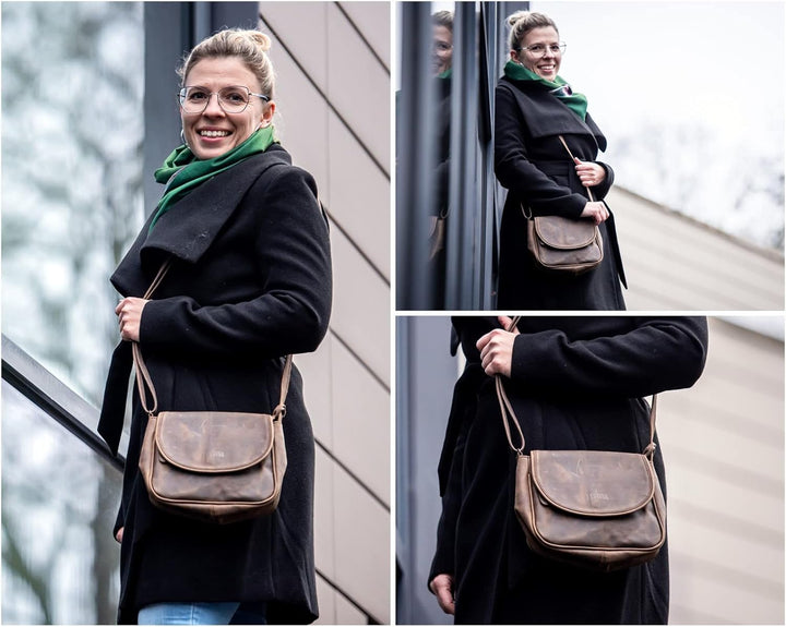 LECONI kleine Umhängetasche Damentasche Schultertasche Festivaltasche Leder 22x18x6cm LE3047 Schlamm