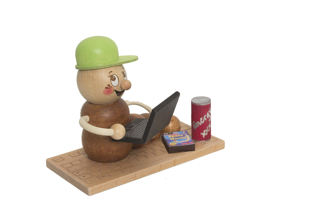 Drechslerei Kuhnert Rauchmann/Räucherfigur - Rauchwurm aus Holz - Rudi & ROSI - Motiv: Computer-Rudi