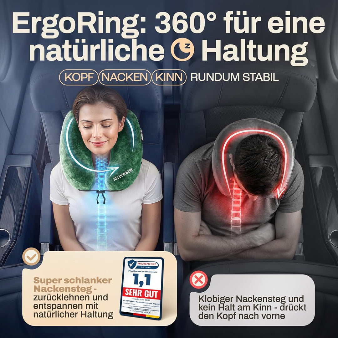 HELDENWERK® Air Nackenkissen Flugzeug Aufblasbar | Reisekissen für 5 Schlafpositionen, schnell aufbl
