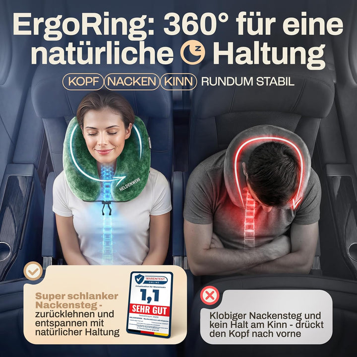 HELDENWERK® Air Nackenkissen Flugzeug Aufblasbar | Reisekissen für 5 Schlafpositionen, schnell aufbl