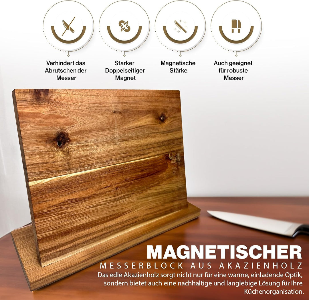TOPANBIETER 999 Magnetischer Messerblock aus Akazienholz - Doppelseitig nutzbar, Kochbuchhalter & Me