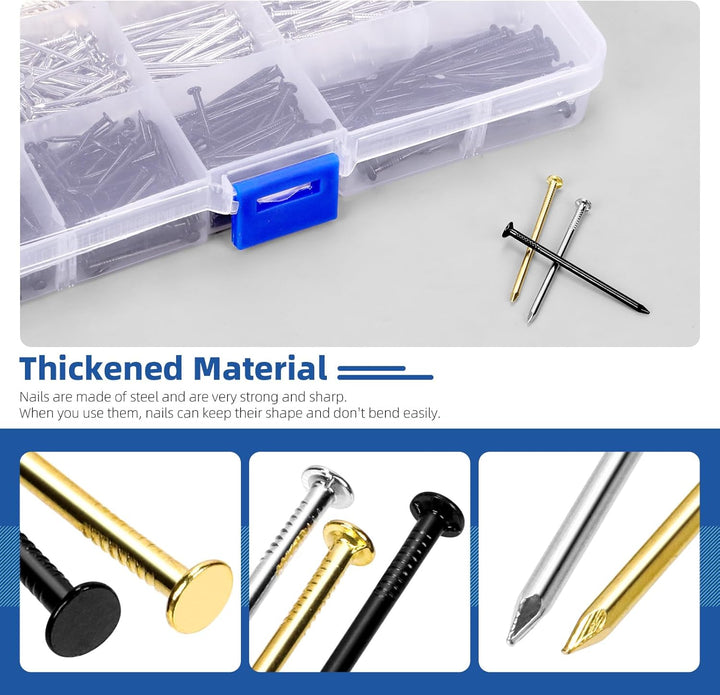 Glarks 900pcs 20/25/30/38mm Länge Nagel Sortiment Kit, Schwarz Silber Gold Farben hängende Nägel, Fi