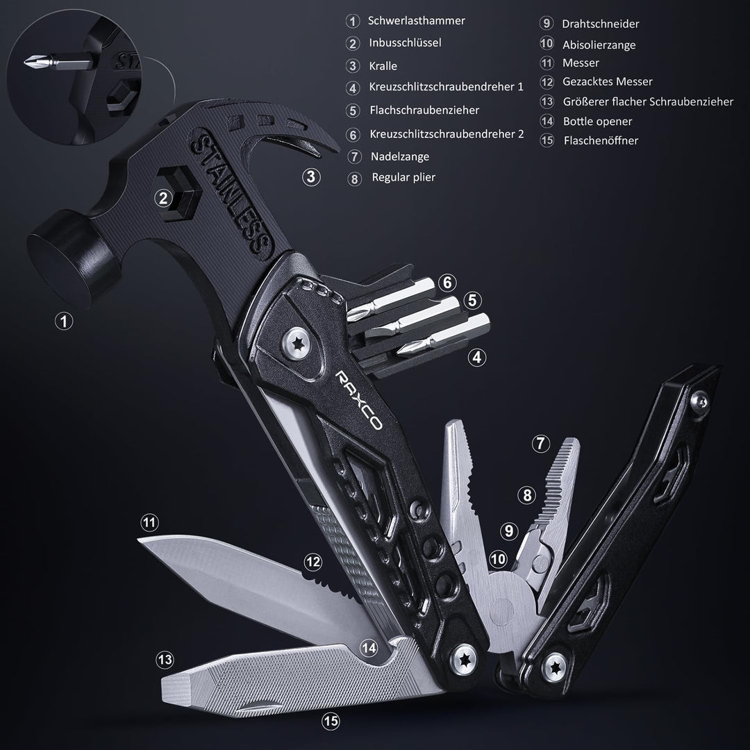Vatertag Geschenk, RAXCO 15 in 1 Multitool Hammer Plier und Multifunktionswerkzeug Multitool Zange f