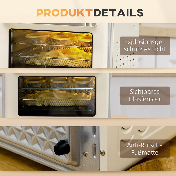 HOMCOM Minibackofen 20L, 5 in 1 Pizza-Ofen inkl. Backblech Set, Frittierkorb, Krümelblech, 1 Std. Ti