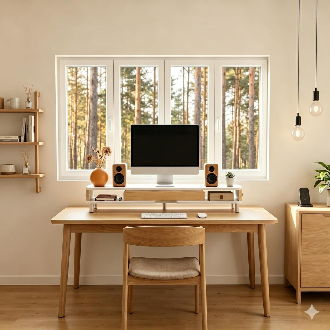 Fenge Dual Monitorständer mit Schublade, 108cm Bildschirmerhöhung mit Aluminiumbeinen & Ledergriff,